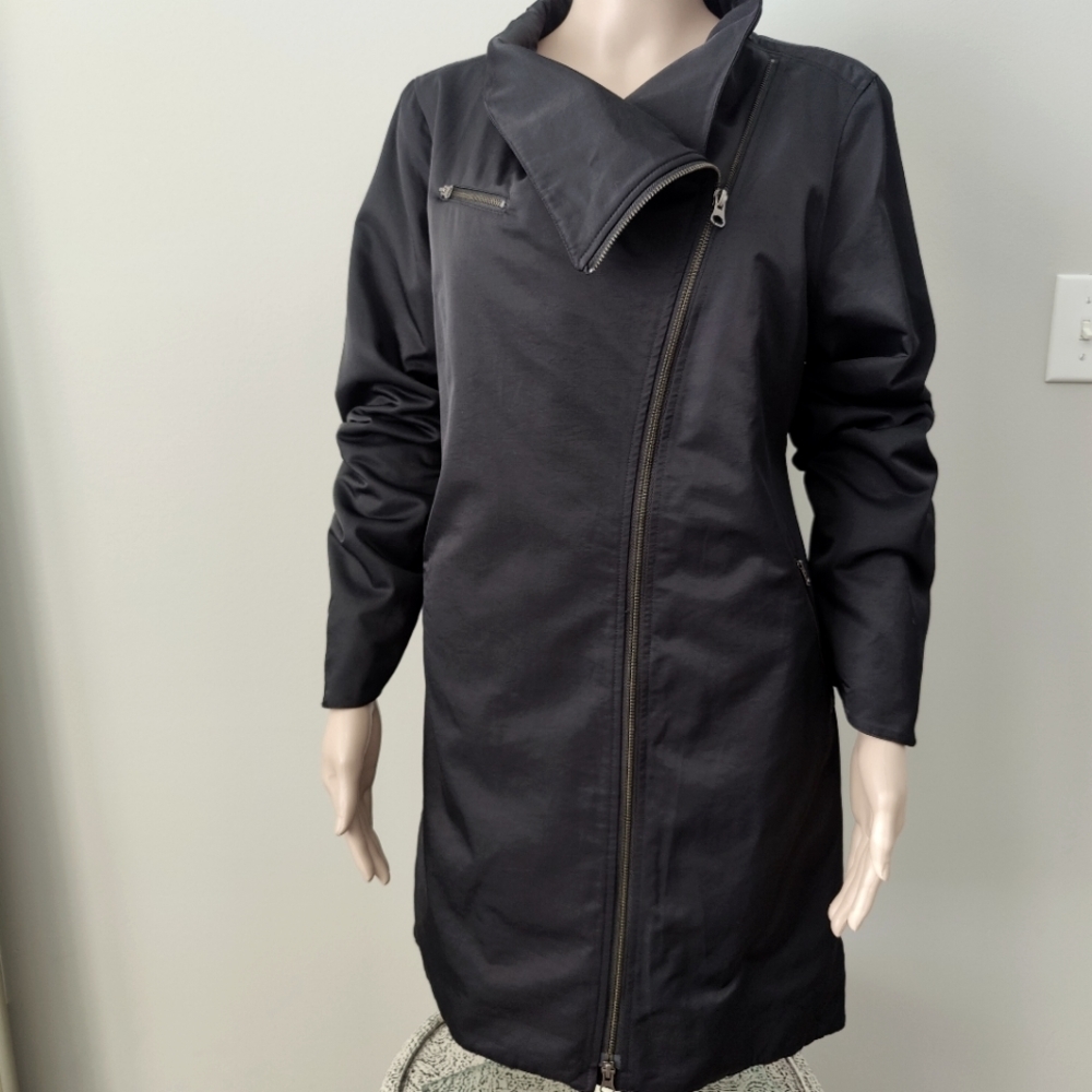 Eileen Fisher Funnel Neck Long Asymmetrical Coat in Black